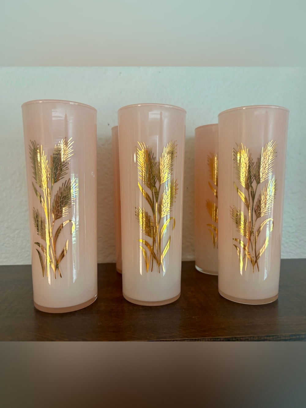 6 RARE Vintage Gold Wheat Pink Glass Tumbler - Home Accents